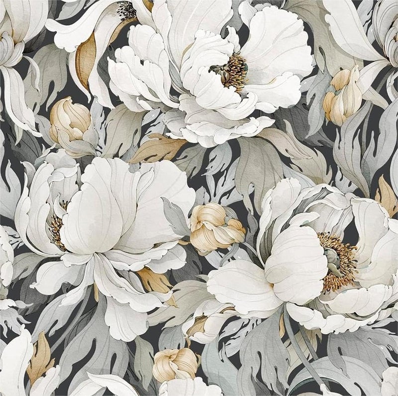 MuralPeel Dark Grey White Poppies Peony Floral Vintage Peel and Stick Wallpaper Self Adhesive Removable Easy Peel Off Stick on Wall Paper for Bedroom Cabinet Renter - Image 1