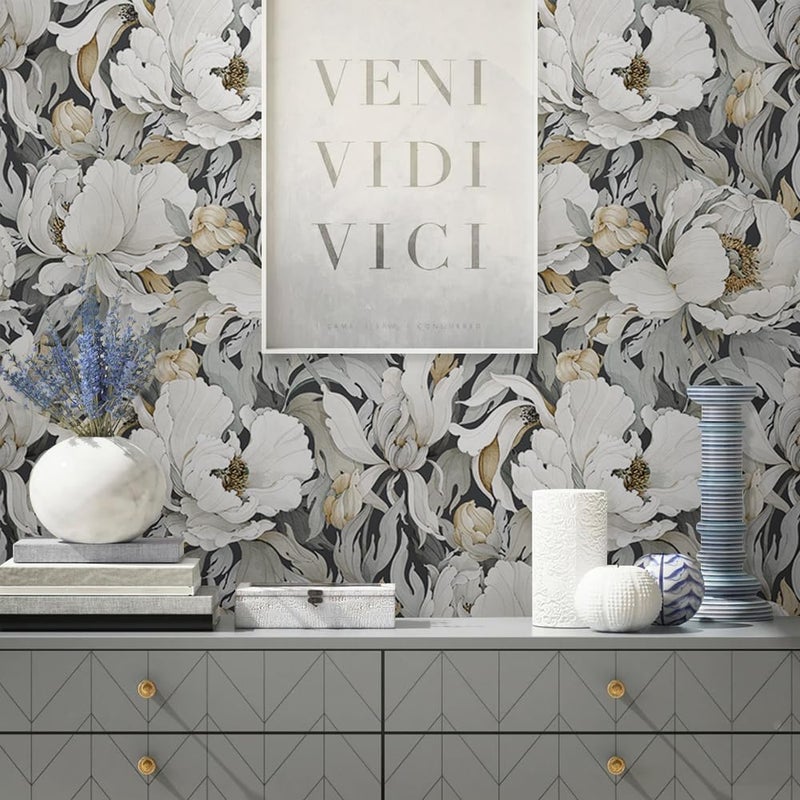 MuralPeel Dark Grey White Poppies Peony Floral Vintage Peel and Stick Wallpaper Self Adhesive Removable Easy Peel Off Stick on Wall Paper for Bedroom Cabinet Renter - Image 3
