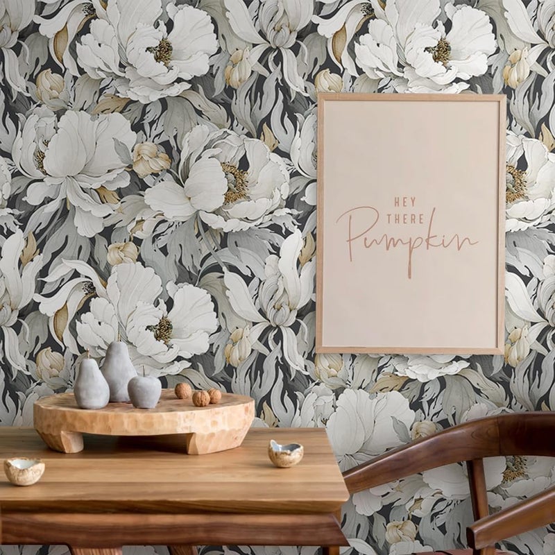 MuralPeel Dark Grey White Poppies Peony Floral Vintage Peel and Stick Wallpaper Self Adhesive Removable Easy Peel Off Stick on Wall Paper for Bedroom Cabinet Renter - Image 5