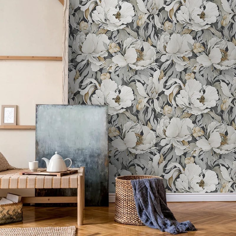 MuralPeel Dark Grey White Poppies Peony Floral Vintage Peel and Stick Wallpaper Self Adhesive Removable Easy Peel Off Stick on Wall Paper for Bedroom Cabinet Renter - Image 4