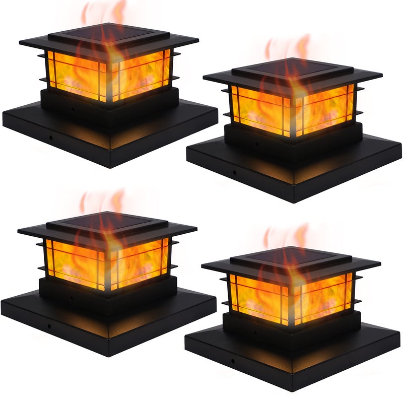 Dynaming 4 Pack Solar Post Cap Lights Outdoor with Flickering Flame Light, Fence Post Solar Lights Fit for 4x4 5x5 6x6 Vinyl/Wooden Posts, High Brightness SMD LED Lighting Decor for Garden Deck Patio - Image 1