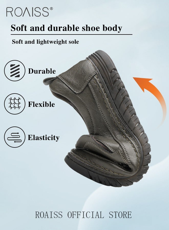 roaiss Men's Plus Size Round Toe Warm Slip-On Pleated Design Lazy Comfortable Breathable Non-slip Flat Shoes Suitable for Driving Middle-Aged Soft-Soled Loafers for Daily Wear - Image 3