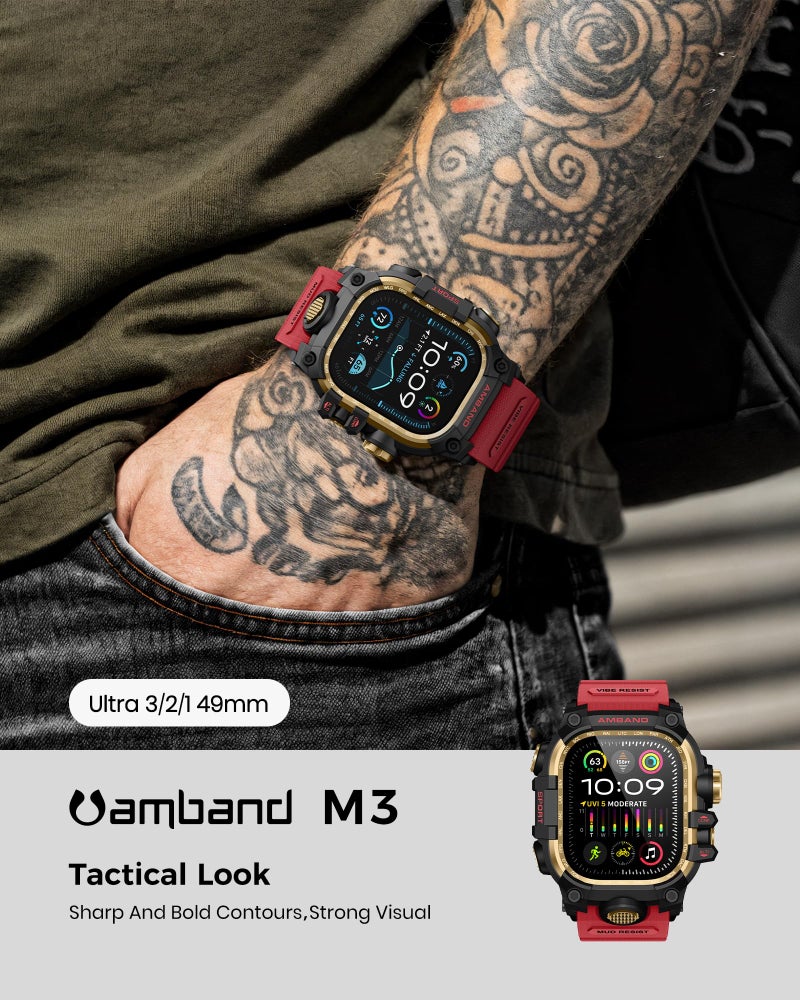 amBand Rugged Case with Band for Apple Watch Ultra 3/2/1 49mm, M3 Military Grade Shockproof Cover, Includes Screen Protector Kit, Tactical Band for Men - Compatible with iWatch Ultra, Red - Image 3