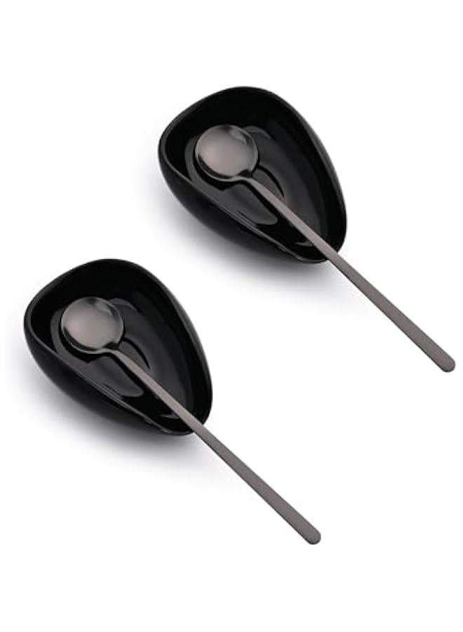 Ceramic 2-Piece Spoon Rest Set, Coffee Spoon Holder with Teaspoon, Minimalism Kitchen Decor for Stirrer, Mini Coffee Bar Accessories with Black Spoons for Afternoon Tea (Black) - Image 1