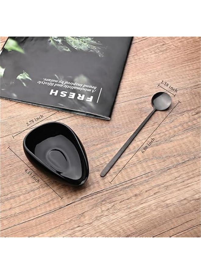 Ceramic 2-Piece Spoon Rest Set, Coffee Spoon Holder with Teaspoon, Minimalism Kitchen Decor for Stirrer, Mini Coffee Bar Accessories with Black Spoons for Afternoon Tea (Black) - Image 2