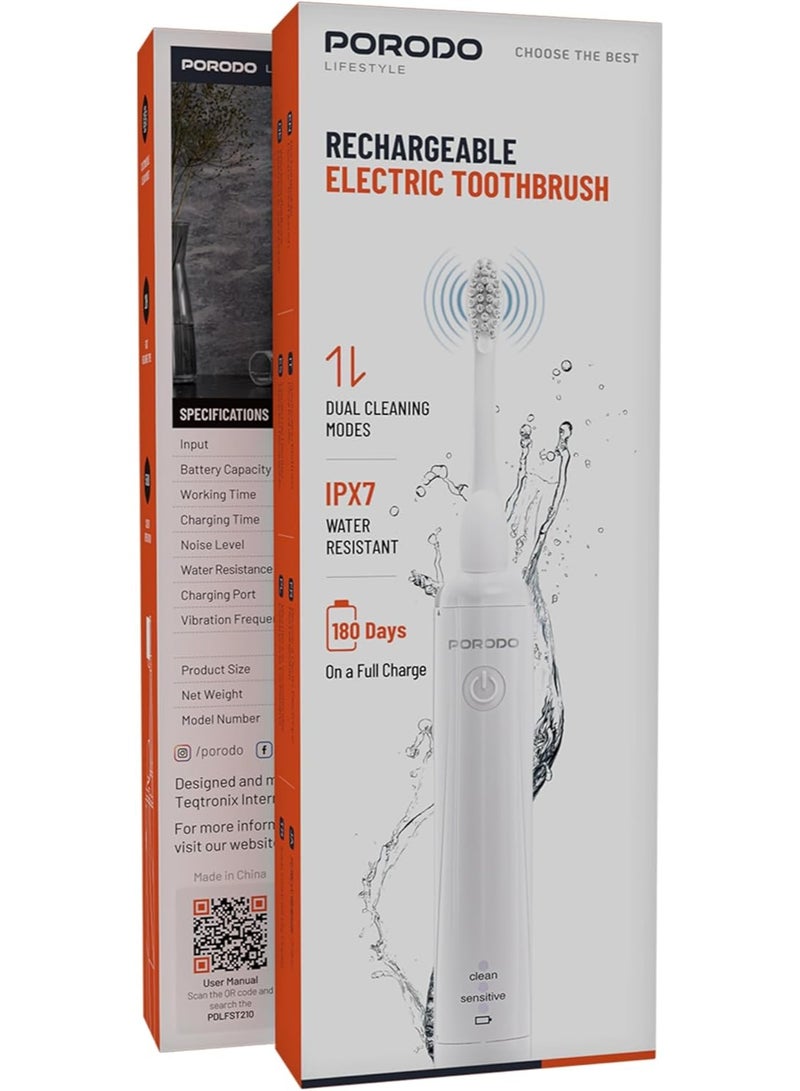 بورودو فرشاة أسنان كهربائية قابلة لإعادة الشحن من بورودو مع وعاء معجون أسنان، وضعان للتنظيف، بطارية 250 مللي أمبير، منفذ شحن USB-C، 8000 حركة/دقيقة، مدة تشغيل تصل إلى 180 يومًا، مقاومة للماء بمعيار IPX7، شحن سريع، تشغيل صامت - أبيض - Image 2