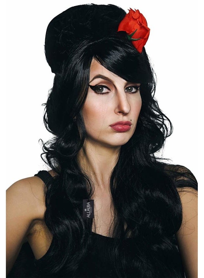 ALLAURA Amy Black Beehive Wig + Red Flower — Black Bouffant Beehive Wigs Long Black Wig Curly 90s Costume Wigs For Women & Girls Vampire Costume — Compatible with Amy Winehouse Wig - Image 1
