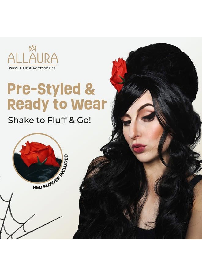 ALLAURA Amy Black Beehive Wig + Red Flower — Black Bouffant Beehive Wigs Long Black Wig Curly 90s Costume Wigs For Women & Girls Vampire Costume — Compatible with Amy Winehouse Wig - Image 2