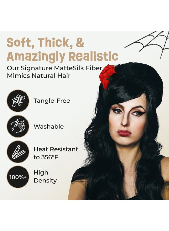 ALLAURA Amy Black Beehive Wig + Red Flower — Black Bouffant Beehive Wigs Long Black Wig Curly 90s Costume Wigs For Women & Girls Vampire Costume — Compatible with Amy Winehouse Wig - Image 4
