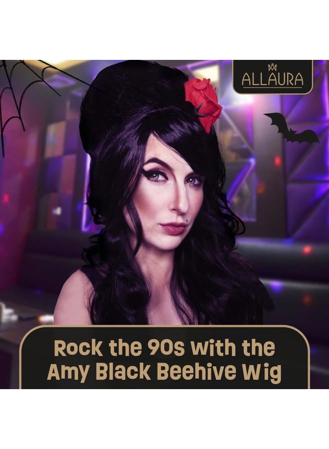 ALLAURA Amy Black Beehive Wig + Red Flower — Black Bouffant Beehive Wigs Long Black Wig Curly 90s Costume Wigs For Women & Girls Vampire Costume — Compatible with Amy Winehouse Wig - Image 3