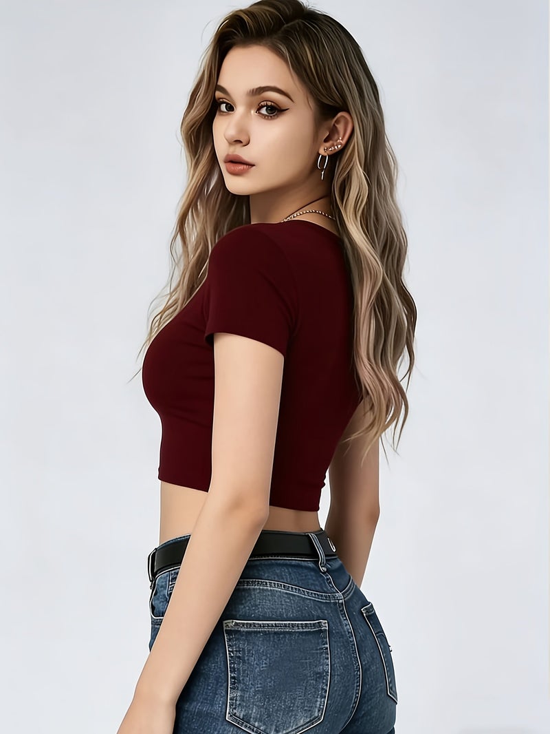 Women's Elegant Slim - Fit Short - Sleeve Round Neck T - Shirt - Solid Color Short Length Top, Machine - Washable Blouse for Layering, Spring Summer Fall Wardrobe Essential, Casual &... - Image 2