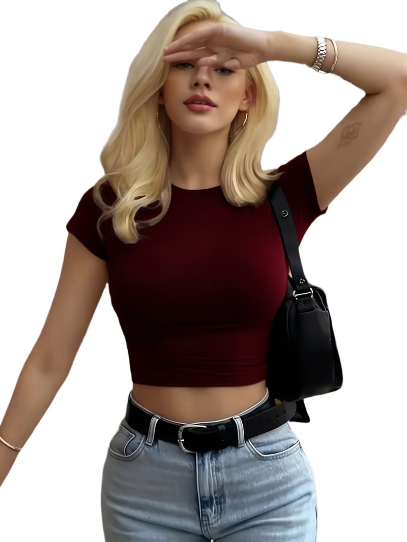 Women's Elegant Slim - Fit Short - Sleeve Round Neck T - Shirt - Solid Color Short Length Top, Machine - Washable Blouse for Layering, Spring Summer Fall Wardrobe Essential, Casual &... - Image 1
