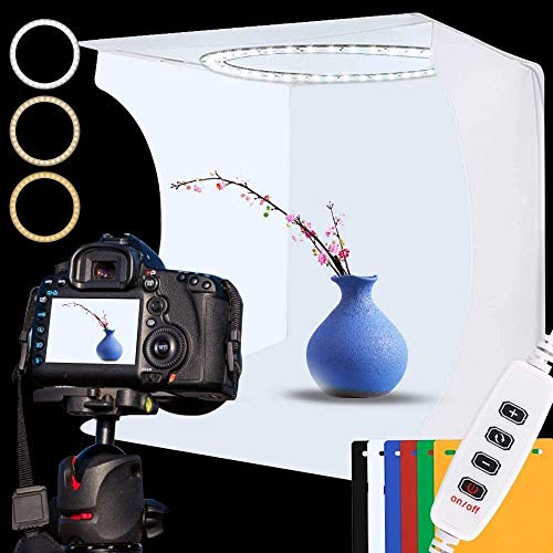 DUCLUS Photo Studio Light Box Kit, 12inch x 12inch Photography Adjustable Light Box with 128pcs SMD LED Beads, Portable Photo Shooting Tent with White Light Warm Light and 6 Color Background - Image 1