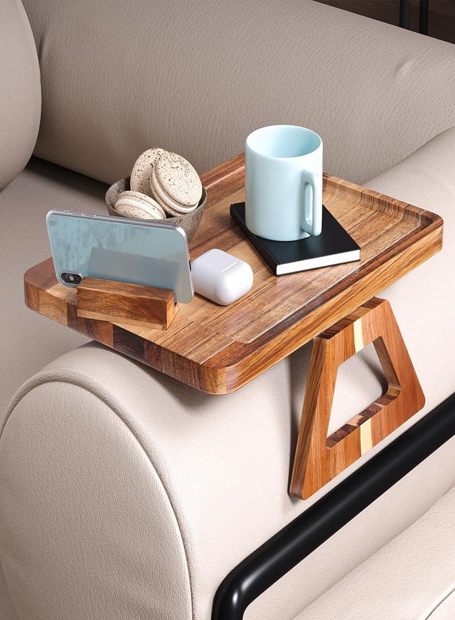 Danfoxer Acacia Wood Couch Arm Tray with 360°Phone Holder,Folding Sofa Armrest Tray,Couch Arm Table Clip-On Couch Desk for Drinks,Snacks,Phone,Remote Control - Image 4
