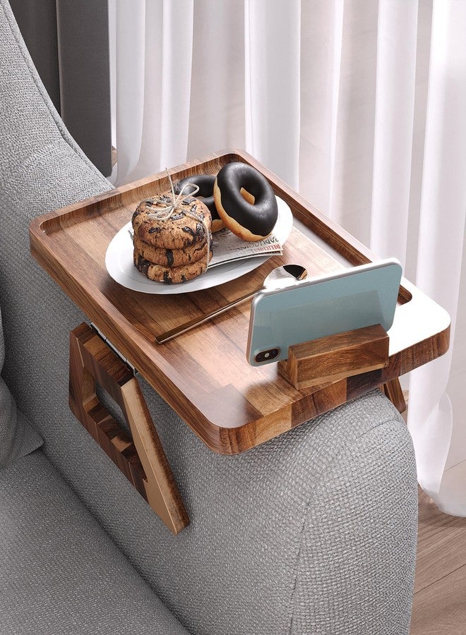 Danfoxer Acacia Wood Couch Arm Tray with 360°Phone Holder,Folding Sofa Armrest Tray,Couch Arm Table Clip-On Couch Desk for Drinks,Snacks,Phone,Remote Control - Image 2