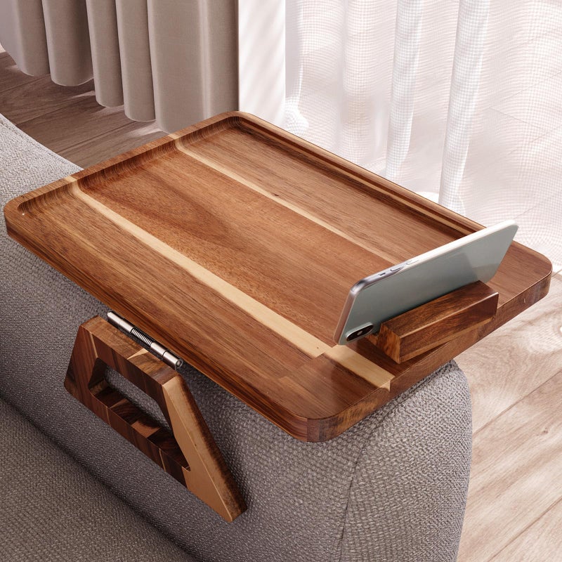 Danfoxer Acacia Wood Couch Arm Tray with 360°Phone Holder,Folding Sofa Armrest Tray,Couch Arm Table Clip-On Couch Desk for Drinks,Snacks,Phone,Remote Control - Image 1