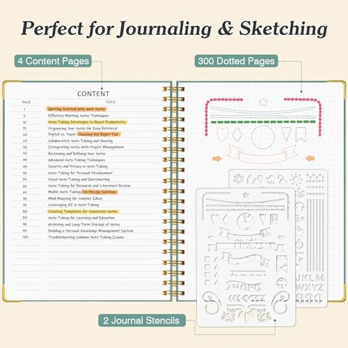 OMEYA Bullet Dotted Journal Spiral Notebook, 300 Pages Leather Notebooks with Contens, 120 GSM Thick No Bleed Through Paper Journals, A4 Large Dot Grid Notebook for Women Men Work Writing, 8.5" x 11", Black - Image 3