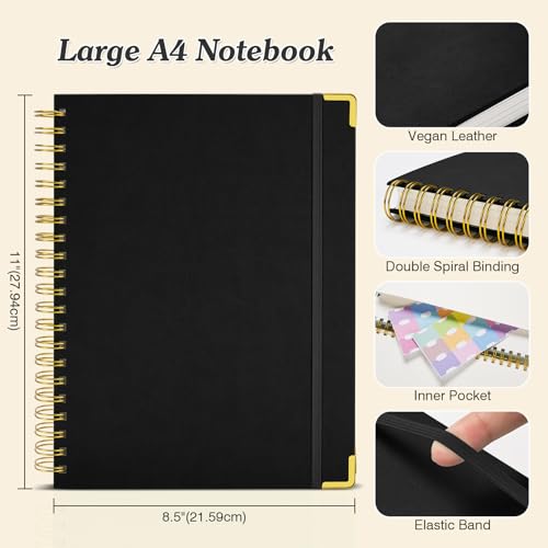 OMEYA Bullet Dotted Journal Spiral Notebook, 300 Pages Leather Notebooks with Contens, 120 GSM Thick No Bleed Through Paper Journals, A4 Large Dot Grid Notebook for Women Men Work Writing, 8.5" x 11", Black - Image 5