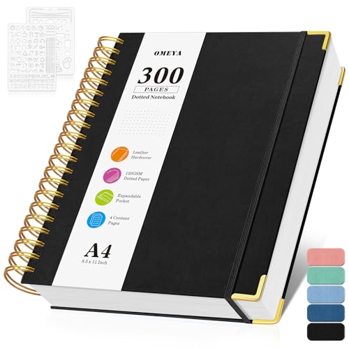 OMEYA Bullet Dotted Journal Spiral Notebook, 300 Pages Leather Notebooks with Contens, 120 GSM Thick No Bleed Through Paper Journals, A4 Large Dot Grid Notebook for Women Men Work Writing, 8.5" x 11", Black - Image 1