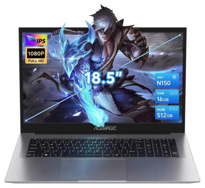 أسيماجيك لابتوب بشاشة 18.5 بوصة عالية الدقة (1920 × 1080)، ومعالج Intel N150، وذاكرة وصول عشوائي (RAM) سعة 16 جيجابايت DDR4، وقرص SSD سعة 512 جيجابايت، ونظام التشغيل Windows 11 Pro. international_english الرمادي - Image 1