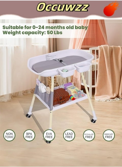 Baby changing table Portable adjustable height White with nursery storage table and large storage rack Suitable for newborns and toddlers