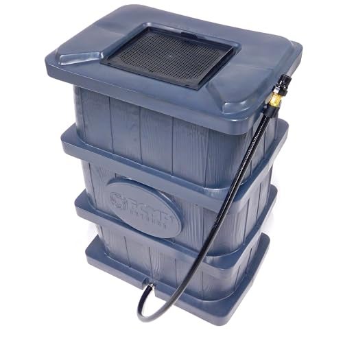 برميل جمع مياه الأمطار الخارجي بتصميم نحيف سعة 45 جالون بتأثير خشبي مع ظهر مسطح وصمامات وشاشة شبكية رمادية