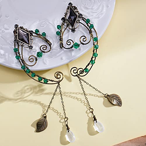 FRESHME Renaissance Black Crystal Elf Ear Cuffs - Bronze Handcrafted Metal Wire Green Crystal and Delicate Leaf Antique Vintage Dangling Earrings Ear Clips for Women Christmas Halloween Renaissance Cosplay Costume - Image 3
