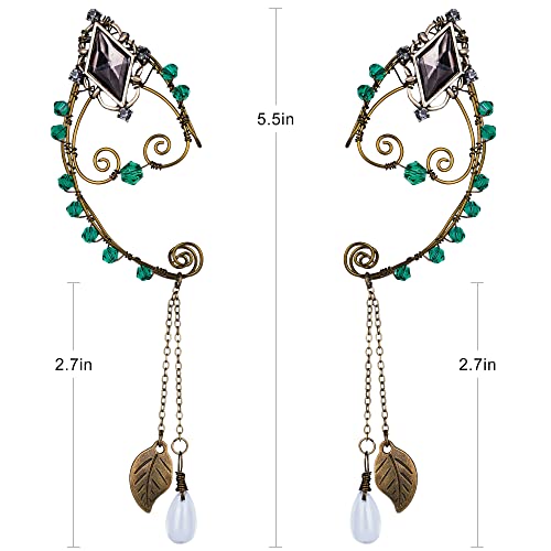 FRESHME Renaissance Black Crystal Elf Ear Cuffs - Bronze Handcrafted Metal Wire Green Crystal and Delicate Leaf Antique Vintage Dangling Earrings Ear Clips for Women Christmas Halloween Renaissance Cosplay Costume - Image 5