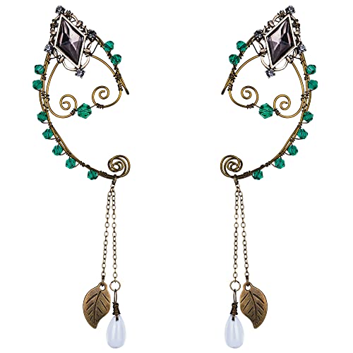 FRESHME Renaissance Black Crystal Elf Ear Cuffs - Bronze Handcrafted Metal Wire Green Crystal and Delicate Leaf Antique Vintage Dangling Earrings Ear Clips for Women Christmas Halloween Renaissance Cosplay Costume - Image 1