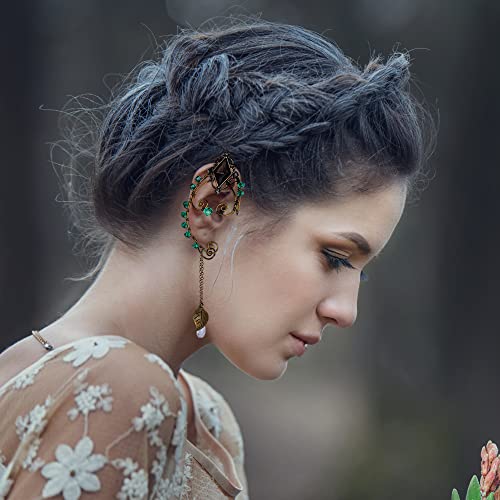 FRESHME Renaissance Black Crystal Elf Ear Cuffs - Bronze Handcrafted Metal Wire Green Crystal and Delicate Leaf Antique Vintage Dangling Earrings Ear Clips for Women Christmas Halloween Renaissance Cosplay Costume - Image 4