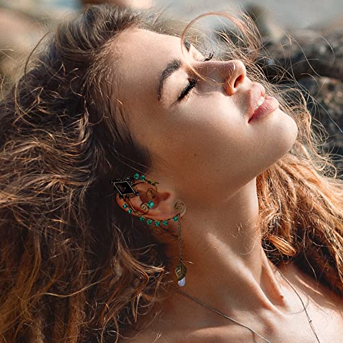 FRESHME Renaissance Black Crystal Elf Ear Cuffs - Bronze Handcrafted Metal Wire Green Crystal and Delicate Leaf Antique Vintage Dangling Earrings Ear Clips for Women Christmas Halloween Renaissance Cosplay Costume - Image 2