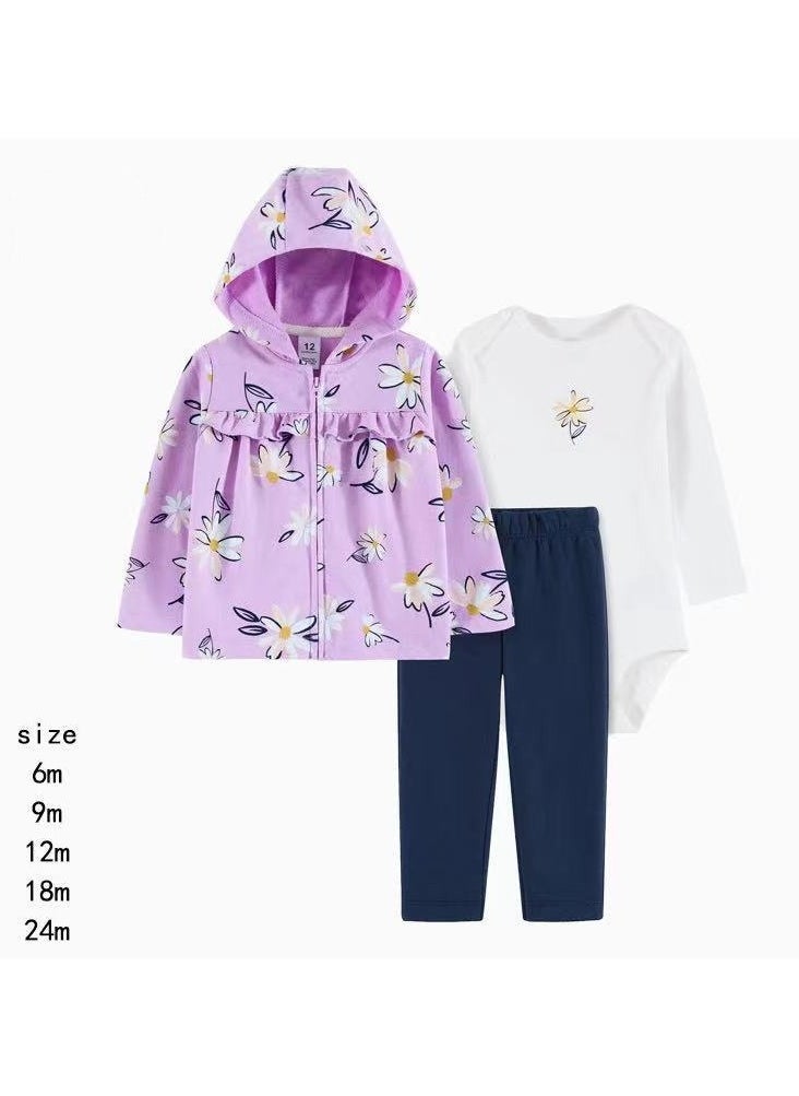 RedMapleTEK Baby Boy And Girl Sweater Jacket Hooded Coat Long-Sleeved Jumpsuit Baby Three-Piece Set - Image 1