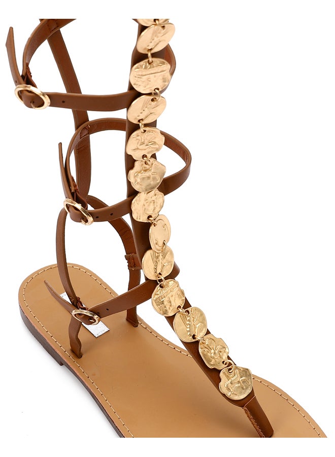 DejaVu Decorative Coins Multi Buckles Sandals - Dark Tan  - Image 4