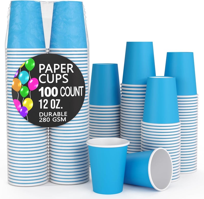 Party Solids Turquiose Paper Cups 12 oz Durable Disposable Cups 100 Paper Tumblers for Hot Drinks and Cold Drinks Thick 280 GSM Hot Cup for Tea & Coffee Cup To Go Fun Colors for Parties & Events - Image 1