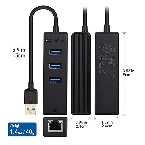 Cable Matters 4-in-1 USB Hub with Ethernet, Support Gigabit Network (USB 3.0 Hub Ethernet) with 10/100/1000Mbps Network, 3X 5Gbps USBA Ports in Black - Image 5