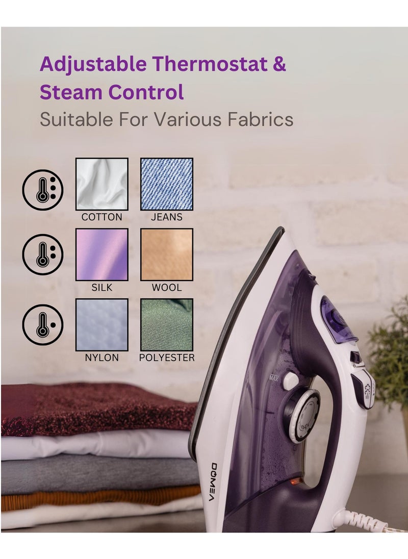 DOMEA - Steam Iron With Adjustable Thermostat | Anti Drip Function, Light Weight With Ceramic Sole Plate, For All Cloth Types, Anti Calc & Auto Clean, Spray & Steam Burst Setting | 2200 Watts - Image 1