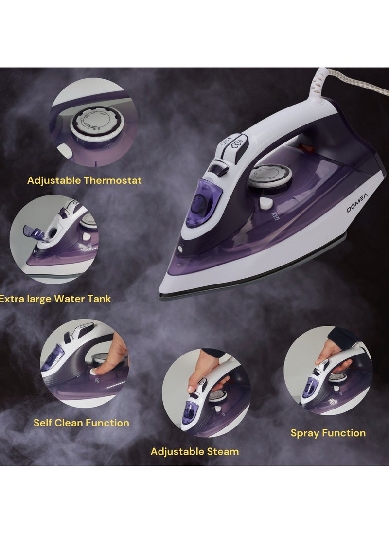 DOMEA - Steam Iron With Adjustable Thermostat | Anti Drip Function, Light Weight With Ceramic Sole Plate, For All Cloth Types, Anti Calc & Auto Clean, Spray & Steam Burst Setting | 2200 Watts - Image 1