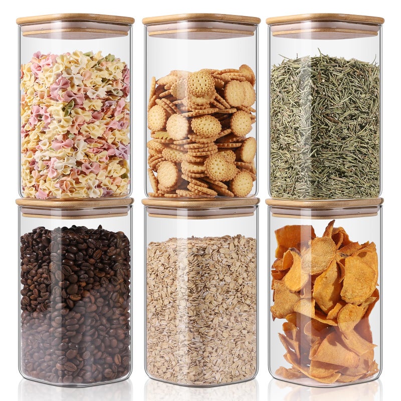 YUNCANG Glass Storage Jars 6 Pack -50oz (10cmx20cm)Clear Glass Food Storage Containers with Airtight Bamboo Lid Stackable Kitchen Canisters for Candy,Cookie,Rice,Sugar,Flour,Pasta,Nuts and Spice Jars(Square) - Image 1