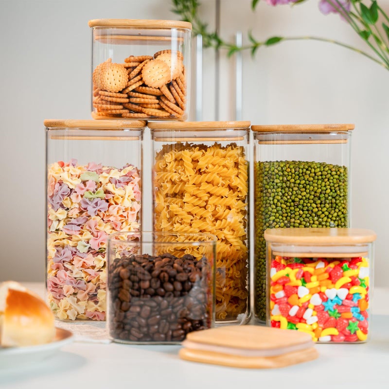 YUNCANG Glass Storage Jars 6 Pack -50oz (10cmx20cm)Clear Glass Food Storage Containers with Airtight Bamboo Lid Stackable Kitchen Canisters for Candy,Cookie,Rice,Sugar,Flour,Pasta,Nuts and Spice Jars(Square) - Image 5