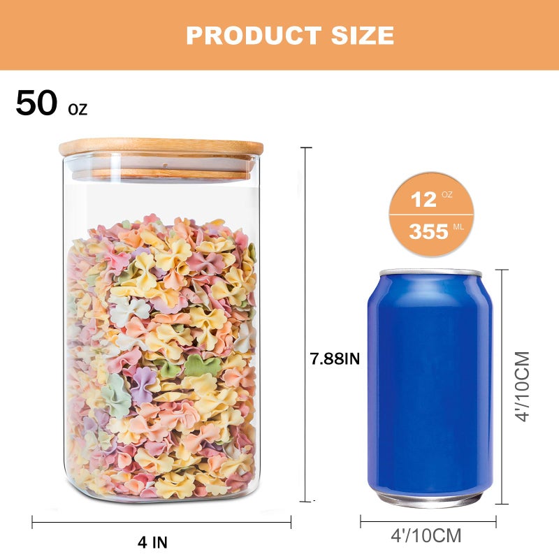 YUNCANG Glass Storage Jars 6 Pack -50oz (10cmx20cm)Clear Glass Food Storage Containers with Airtight Bamboo Lid Stackable Kitchen Canisters for Candy,Cookie,Rice,Sugar,Flour,Pasta,Nuts and Spice Jars(Square) - Image 3