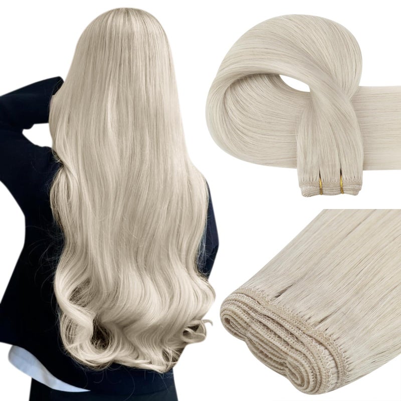 Easyouth Weft Hair Extensions Human Hair Blonde Sew in Real Hair Extensions White Blonde Straight Hair Extension Real Human Hair Weft for Women 14 Inch 70G