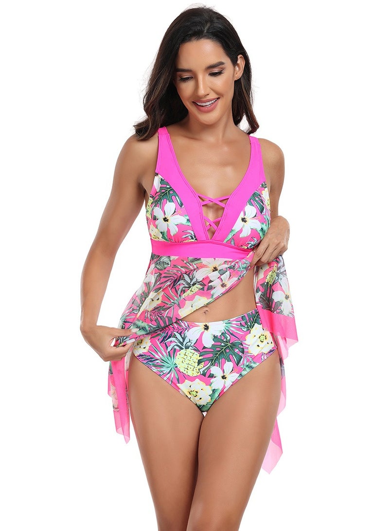 Womens Floral Printed 2 Peice Set Swimsuits Slip Padded Swim Dress And Thong Bottom Swimwear Bathing Suits Rose Pink Floral Print  - Image 3