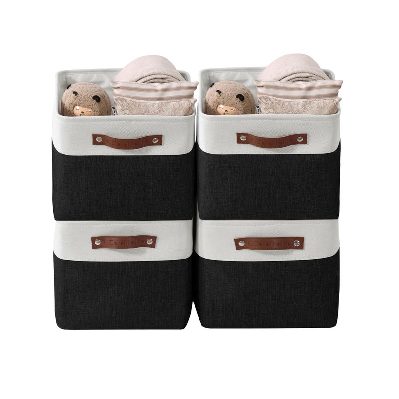 DECOMOMO Storage Bins Fabric Storage Baskets for Shelves Linen Closet Organization Toys Nursery Black and White Large  4 Pack