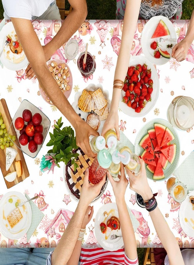 MEHOFOND 3 Pcs Pink Gingerbread Christmas Tablecloth Party Decorations Gingerbread House Table Cover Pink Winter Christmas Cookie Disposable Plastic for Winter Holiday Birthday Party Supplies - Image 5