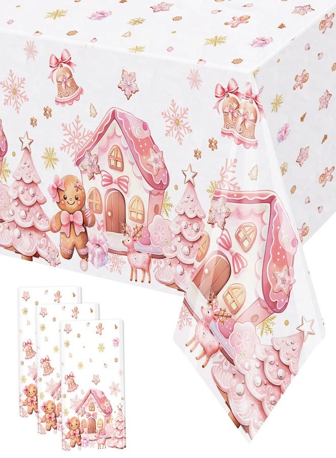 MEHOFOND 3 Pcs Pink Gingerbread Christmas Tablecloth Party Decorations Gingerbread House Table Cover Pink Winter Christmas Cookie Disposable Plastic for Winter Holiday Birthday Party Supplies - Image 1