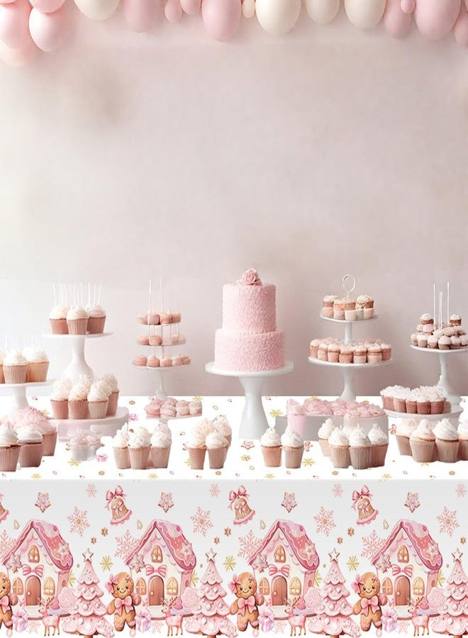 MEHOFOND 3 Pcs Pink Gingerbread Christmas Tablecloth Party Decorations Gingerbread House Table Cover Pink Winter Christmas Cookie Disposable Plastic for Winter Holiday Birthday Party Supplies - Image 2