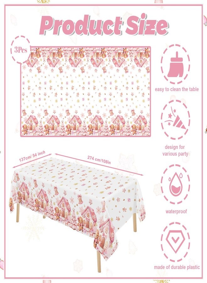 MEHOFOND 3 Pcs Pink Gingerbread Christmas Tablecloth Party Decorations Gingerbread House Table Cover Pink Winter Christmas Cookie Disposable Plastic for Winter Holiday Birthday Party Supplies - Image 3