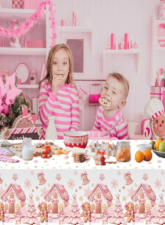 MEHOFOND 3 Pcs Pink Gingerbread Christmas Tablecloth Party Decorations Gingerbread House Table Cover Pink Winter Christmas Cookie Disposable Plastic for Winter Holiday Birthday Party Supplies - Image 4