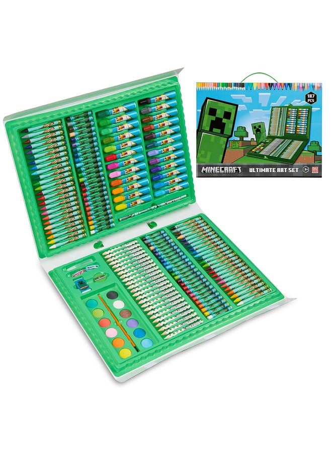 MINECRAFT مجموعة أقلام تلوين ملونة للأطفال من ماينكرافت لمستلزمات الفن، مجموعة تلوين ورسم للبنات، أقلام رسم مع حقيبة سفر تحتوي على أقلام شمع، فنون وحرف للأطفال من 4-12 - Image 1