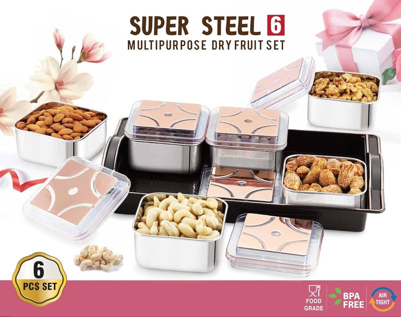 sunlife SUPER STEEL 6 Dry Fruit Serving Set 6 AirTight Stainless Steel Bowls with Clear Tray ChocolateDry FruitCookiesSweets Mouth Freshener Container with Tray SetBlack - Image 4